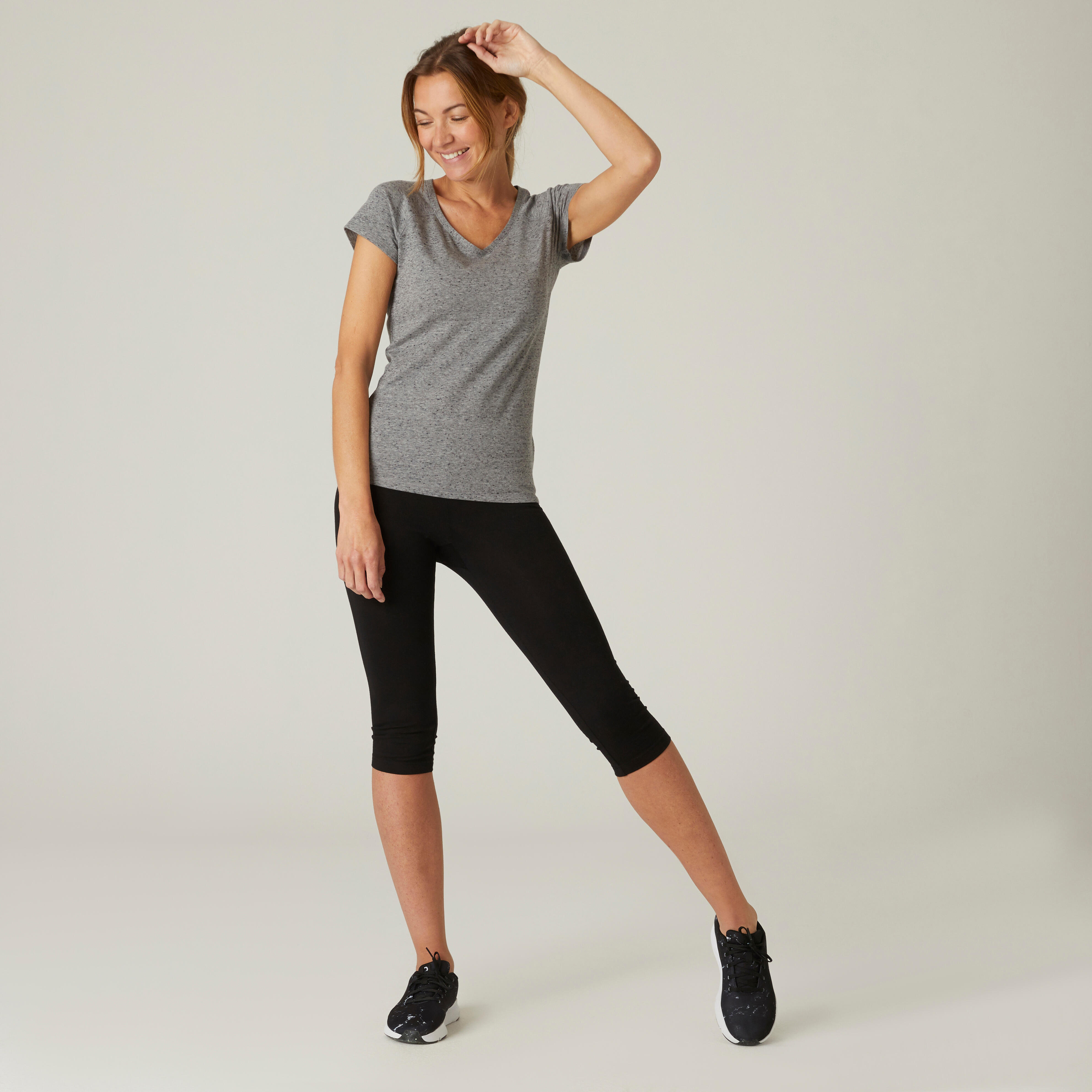 Camiseta fitness manga corta cuello pico algodón extensible Mujer DOMYOS |  Decathlon