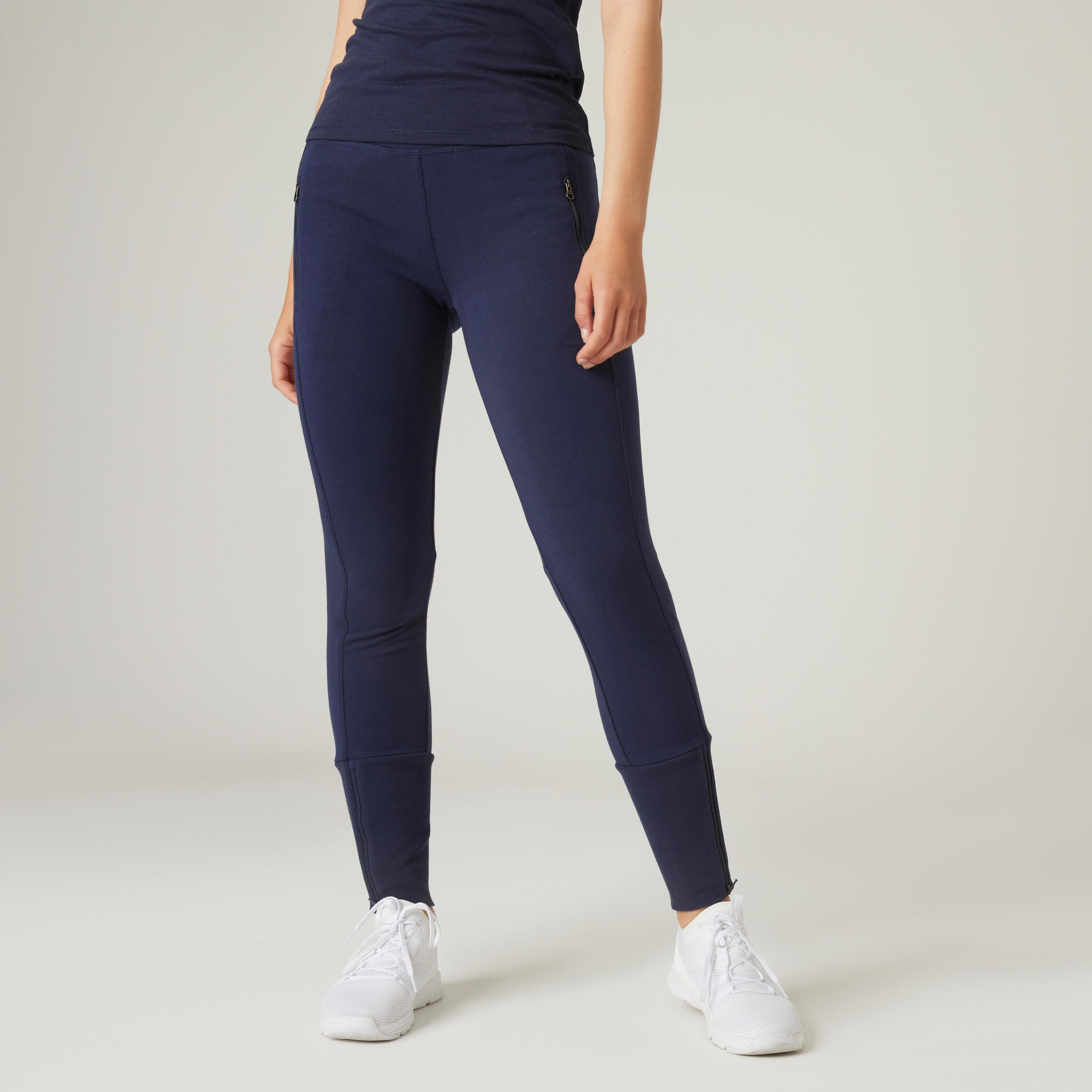DOMYOS Pantaloni donna fitness 520 slim misto cotone zip alla caviglia blu