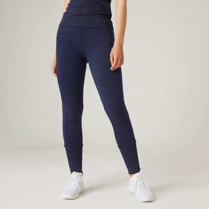 Pantalon jogging fitness femme coton majoritaire ajusté - 520 Bleu Marine