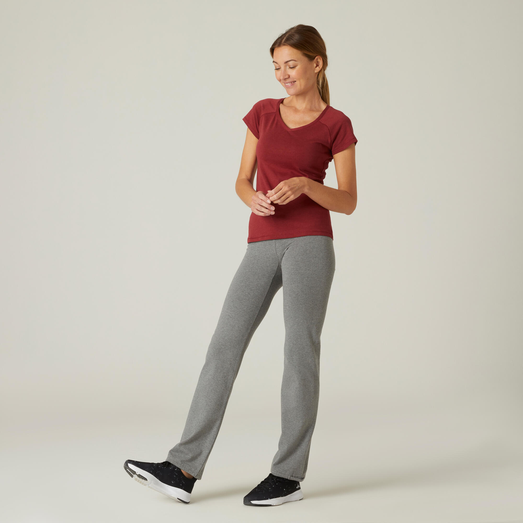 Pantaloni donna fitness COMFORT+ 500 regular cotone leggero neri DOMYOS |  DECATHLON
