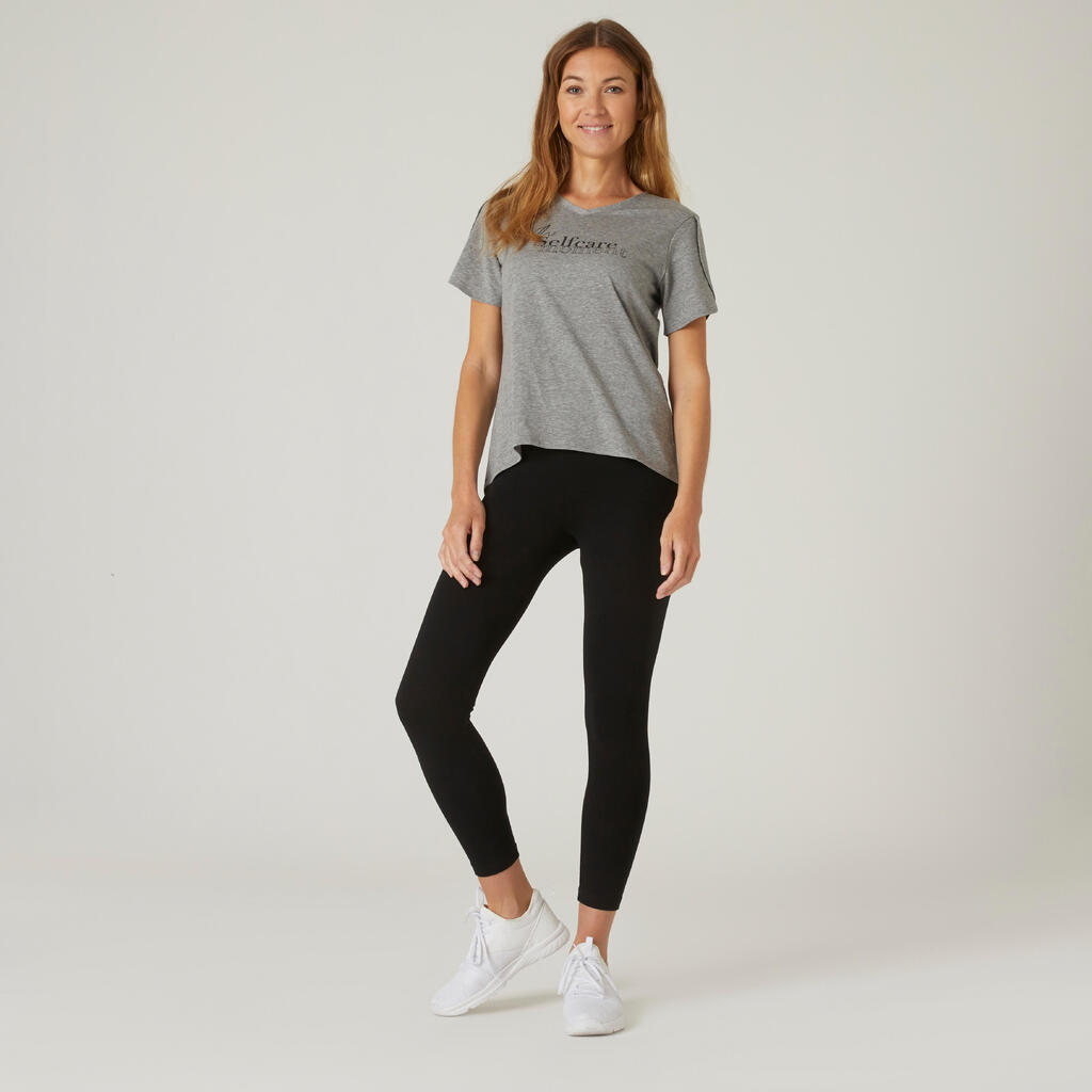 Women's Short-Sleeved Straight-Cut V-Neck Cotton Fitness T-Shirt 515 - Grey