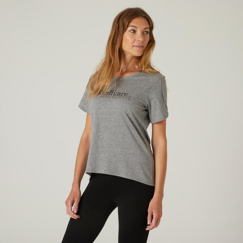 T-shirt fitness manches courtes couvrant coton extensible col en V femme gris