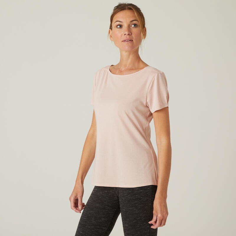 T-shirt fitness manches courtes slim coton extensible col bateau femme rose