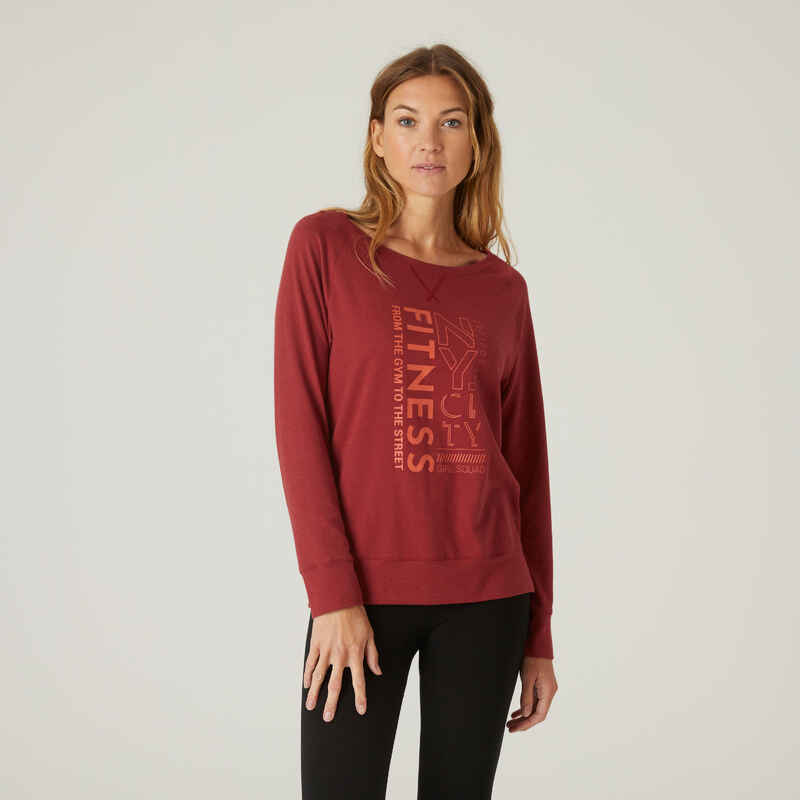 Langarmshirt Fitness 500 Regular Baumwolle Rundhals Damen bordeaux