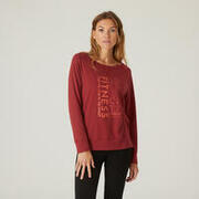 Women's Cotton Gym Long sleeve T-shirt Regular fit 500 - Burgundy Print