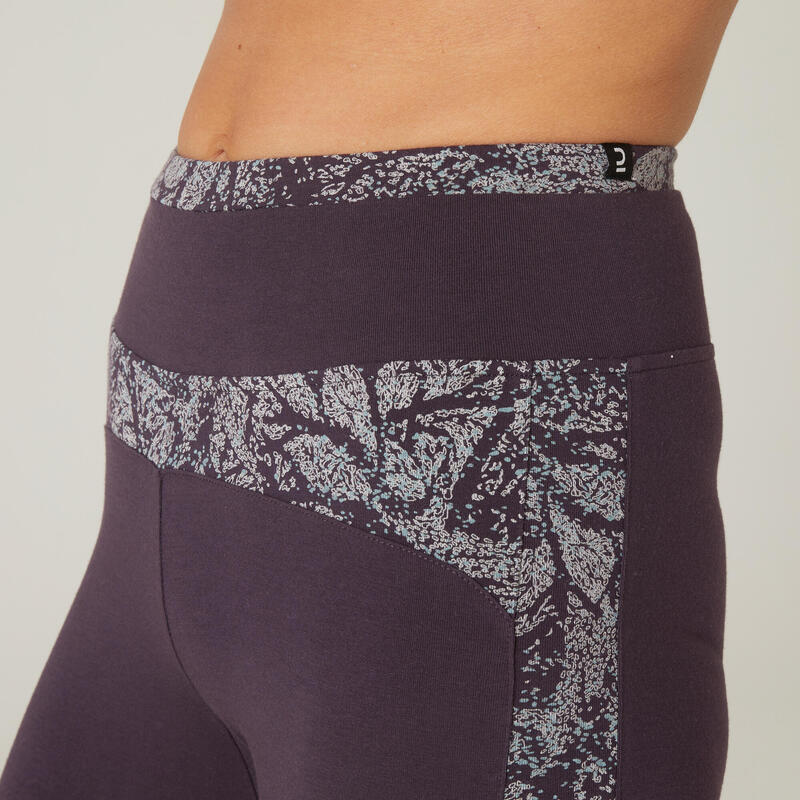 Legging fitness long coton extensible taille haute femme - violet avec imprimé