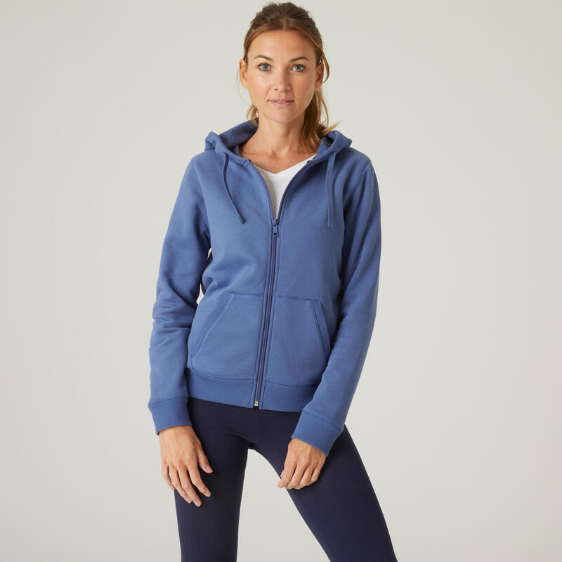 Fitness hoodie met rits voor dames 500 stormblauw