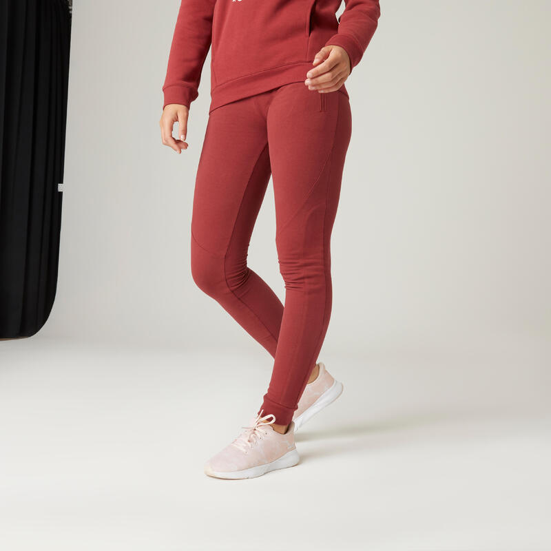 Warm Slim-Fit Fitness Jogging Bottoms with Zip Pockets - Burgundy