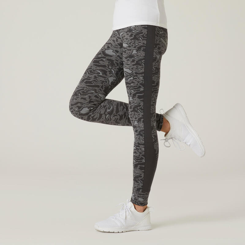 Legging fitness long coton extensible taille haute femme - gris avec imprimé