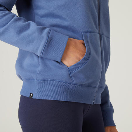 Sweat zippé à capuche col rond droit femme avec poche - 500 Bleu d'orage