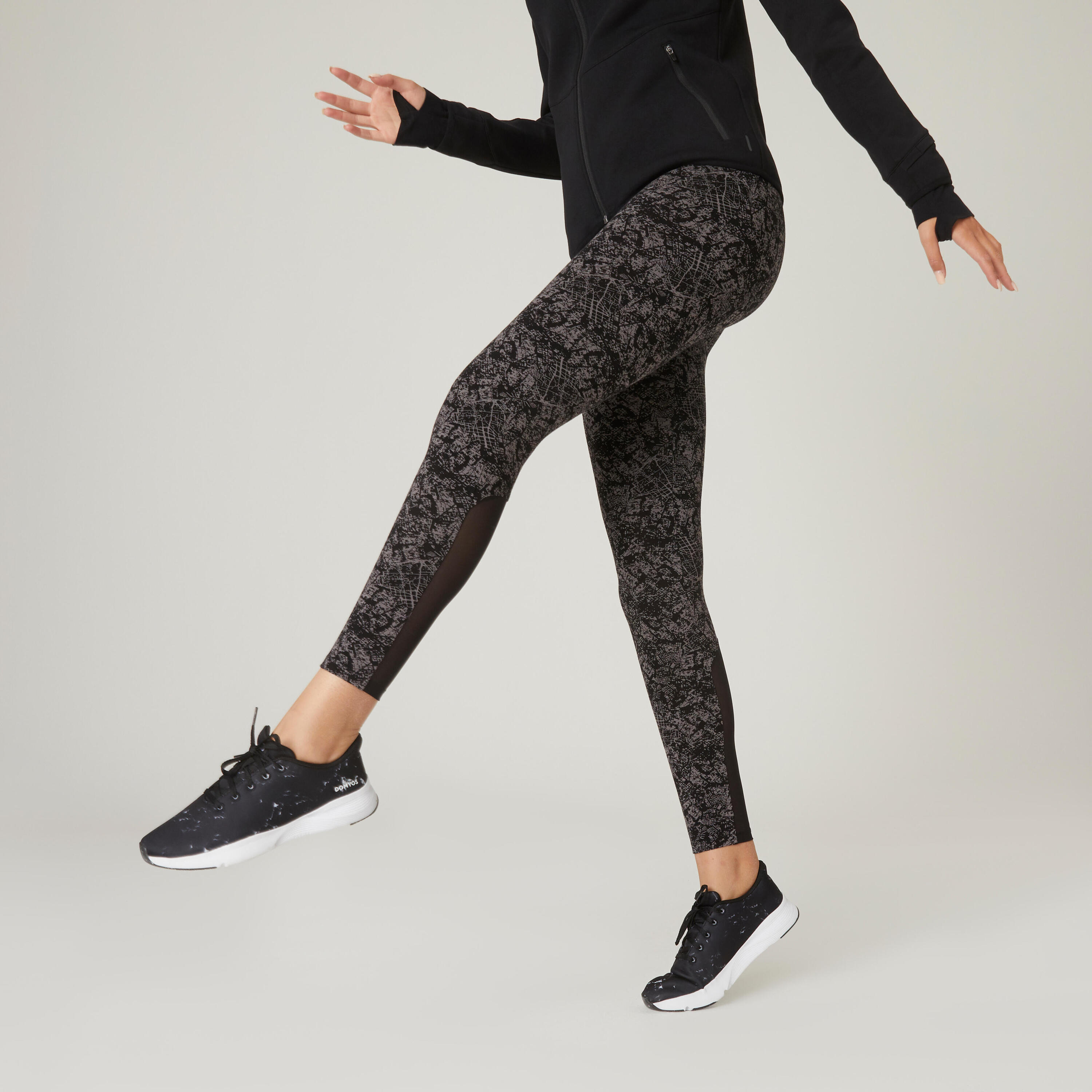 DOMYOS Leggings donna fitness 520 misto cotone con trasparenze neri-grigi