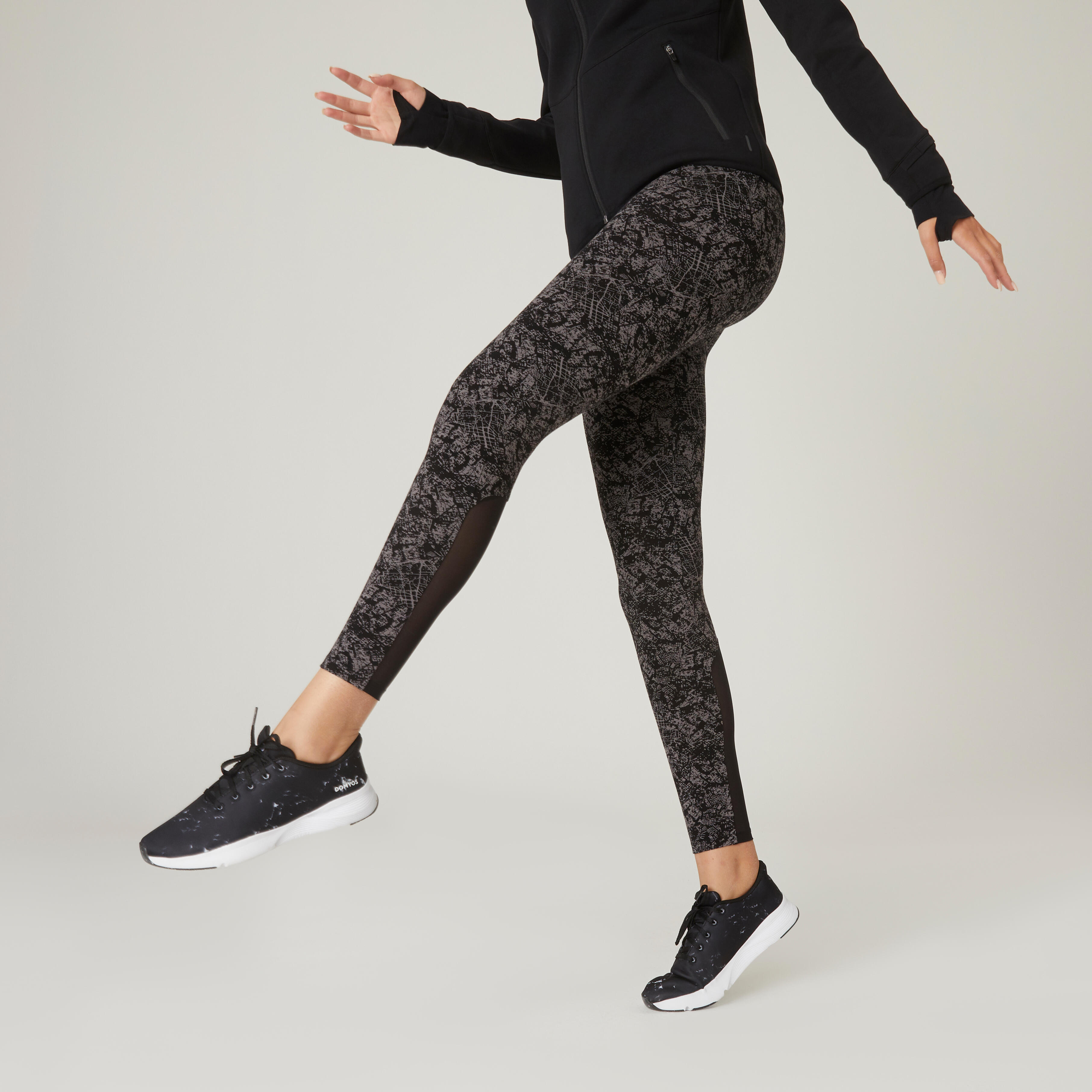 Leggings donna fitness 520 misto cotone con trasparenze verdi-grigi DOMYOS  | DECATHLON