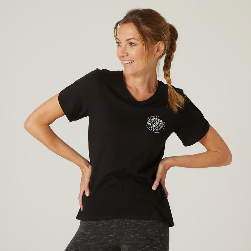 T-shirt fitness manches courtes couvrant coton extensible col en V femme noir