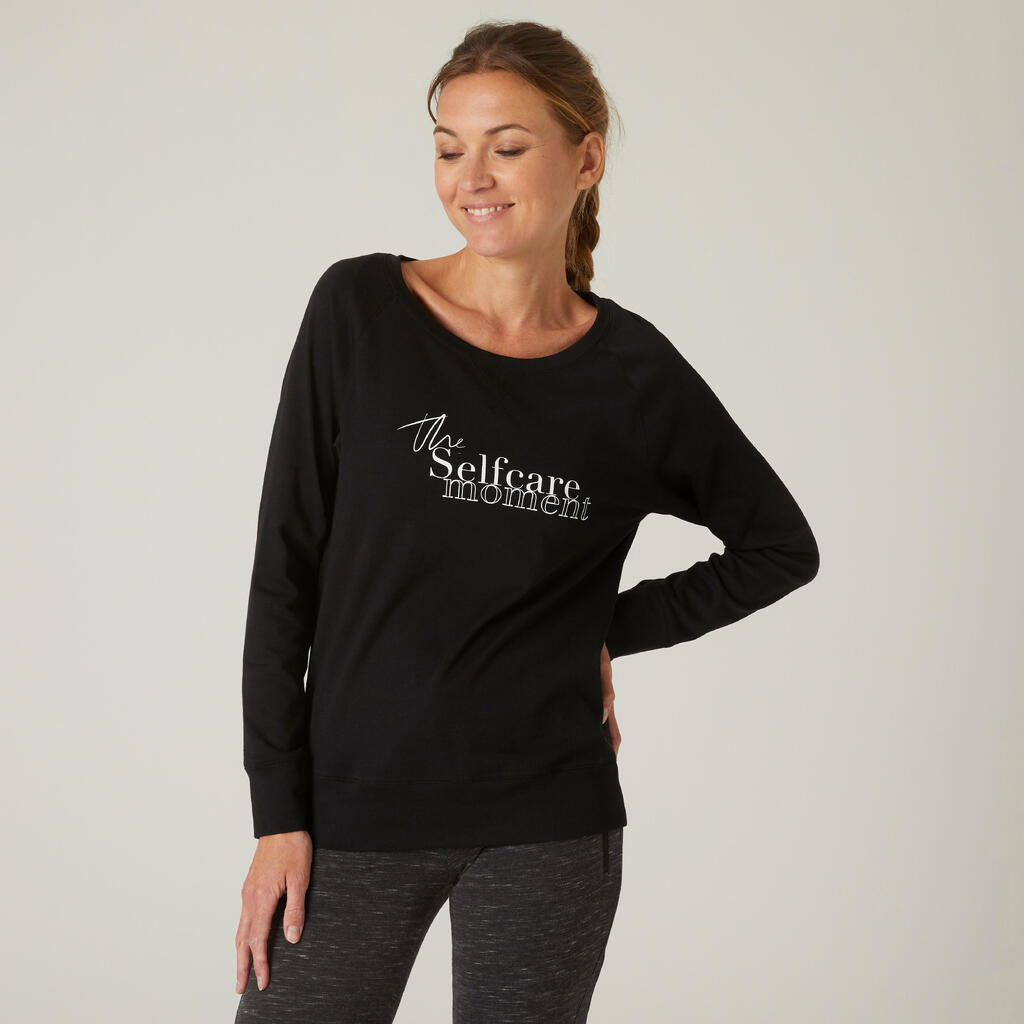 Langarmshirt Fitness 500 Regular Baumwolle Rundhals Damen schwarz 