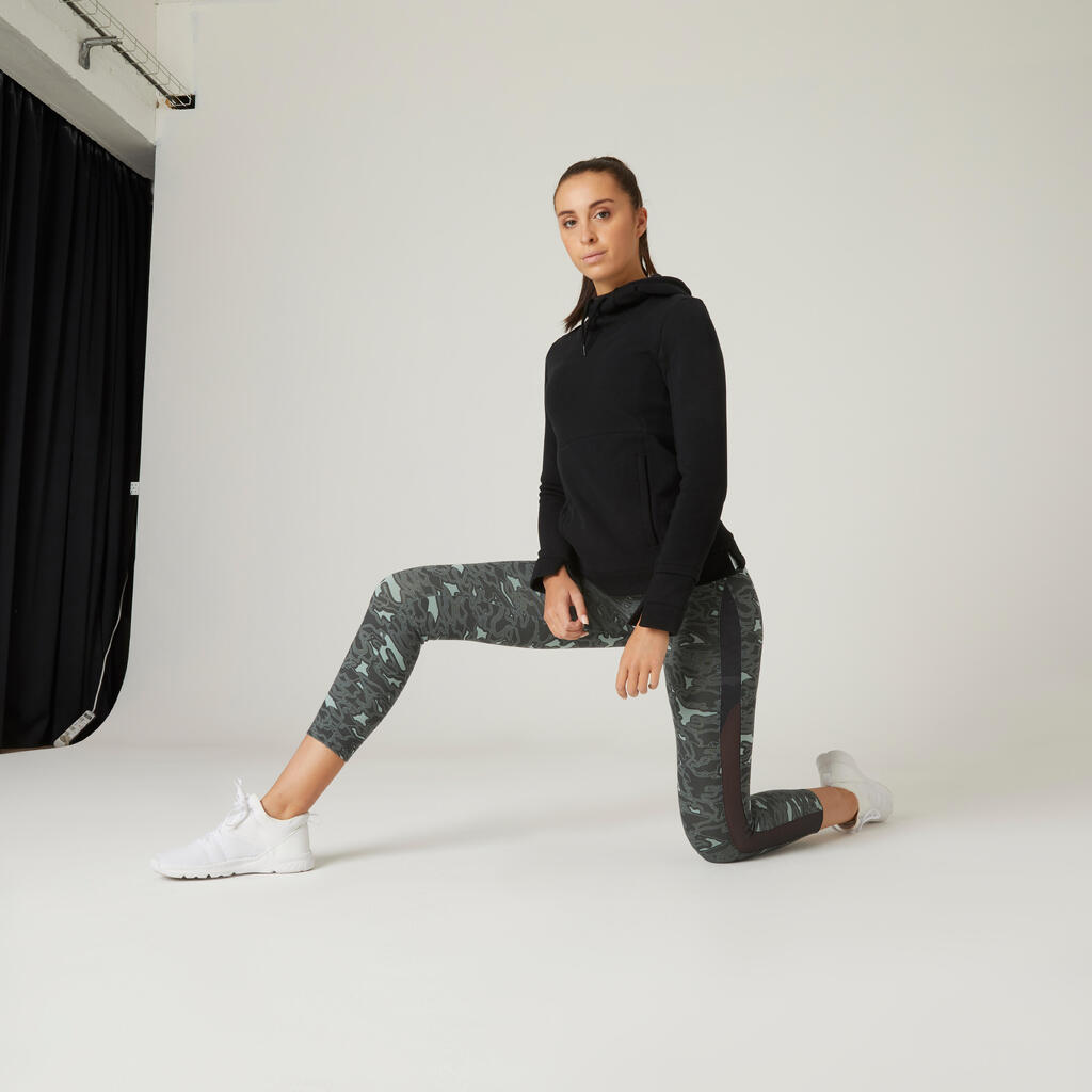 7/8-Leggings aus dehnbarer Baumwolle Fitness kurz grün mit Print