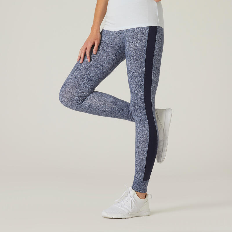 Legging fitness long coton extensible taille haute femme - bleu avec imprimé