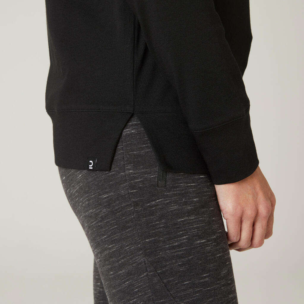 Langarmshirt Fitness 500 Regular Baumwolle Rundhals Damen schwarz 