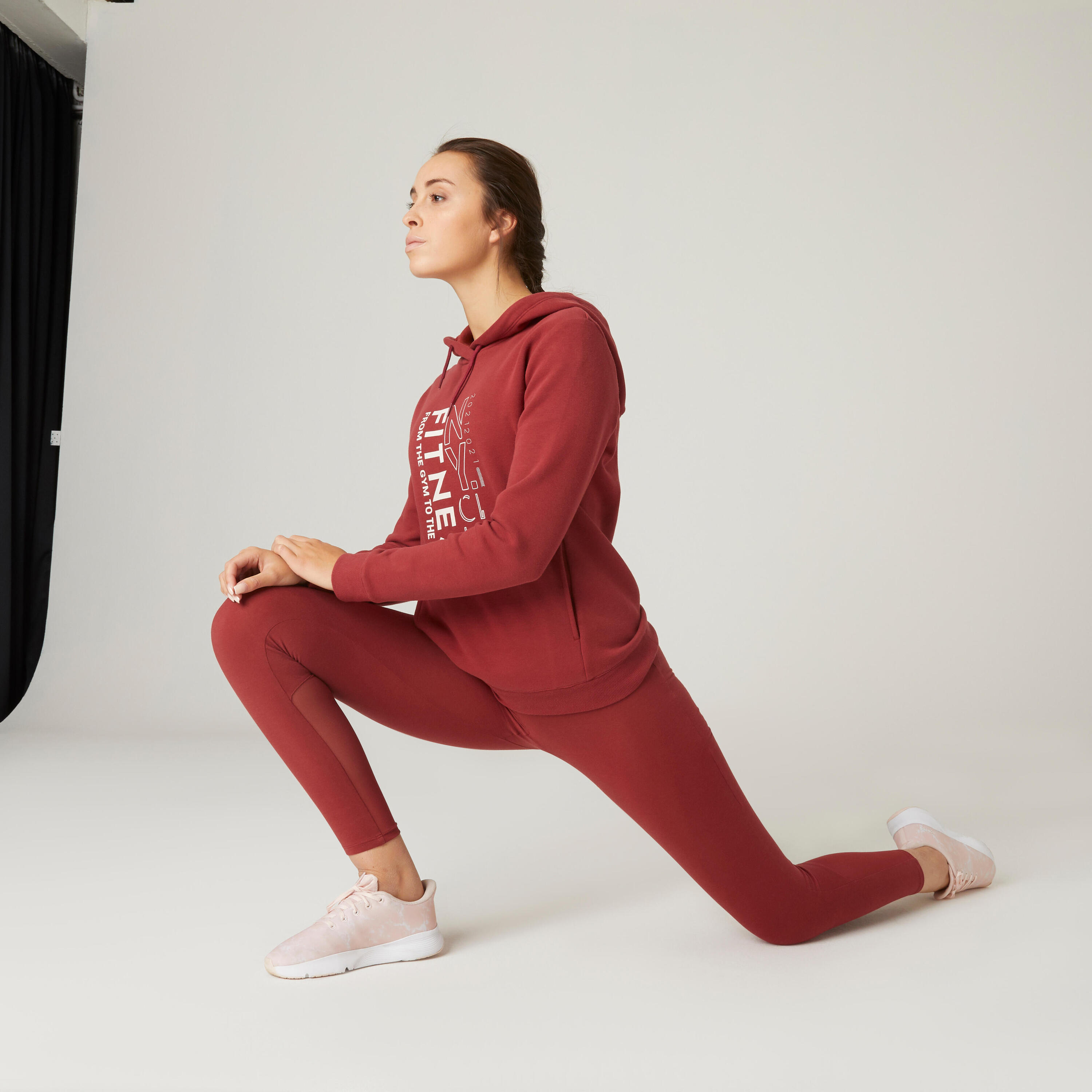 Stretchy High-Waisted Cotton Fitness Leggings with Mesh - Burgundy 3/6