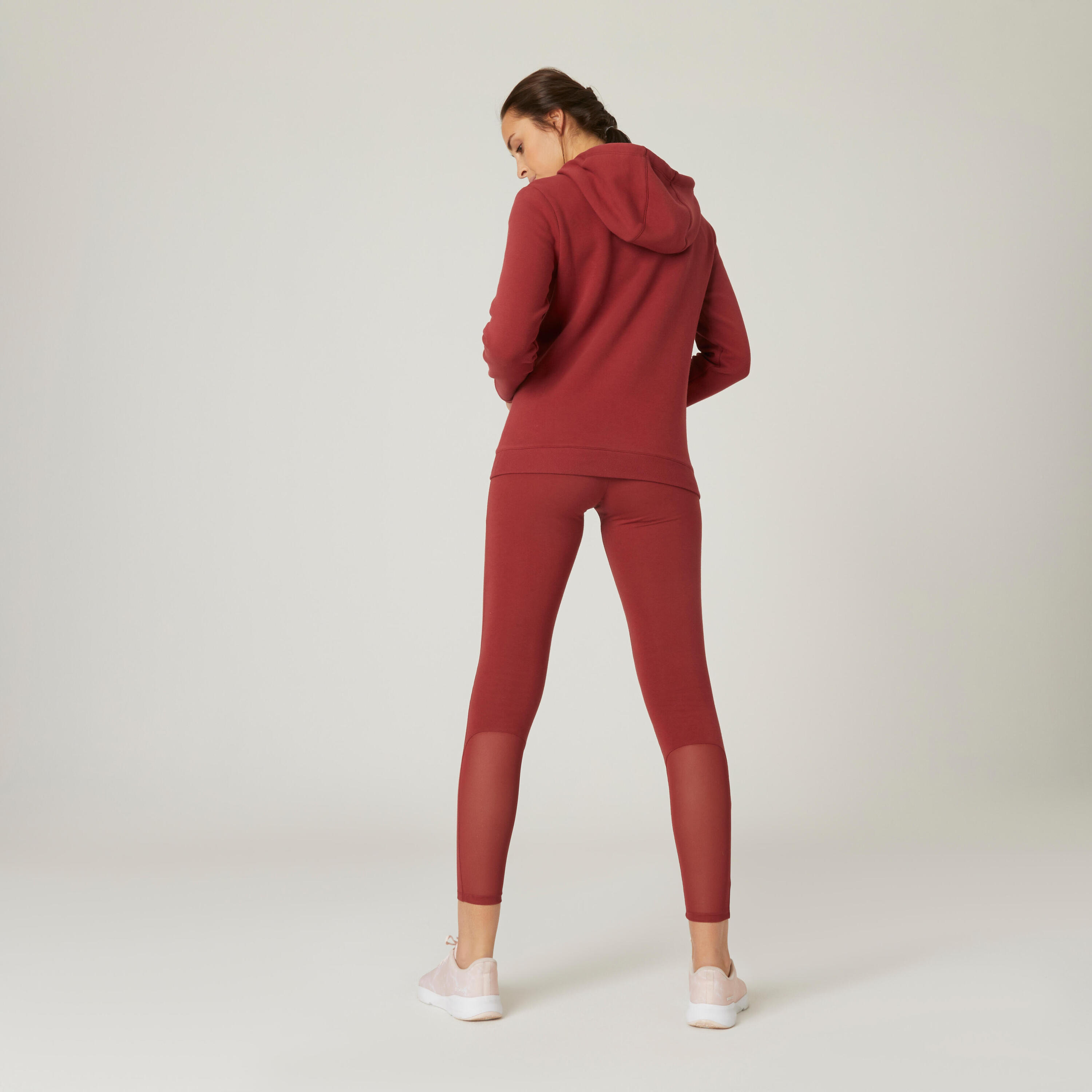 Stretchy High-Waisted Cotton Fitness Leggings with Mesh - Burgundy 2/6
