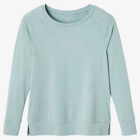 Women's Long-Sleeved Straight-Cut Crew Neck Cotton Fitness T-Shirt 500 - Lovat Green