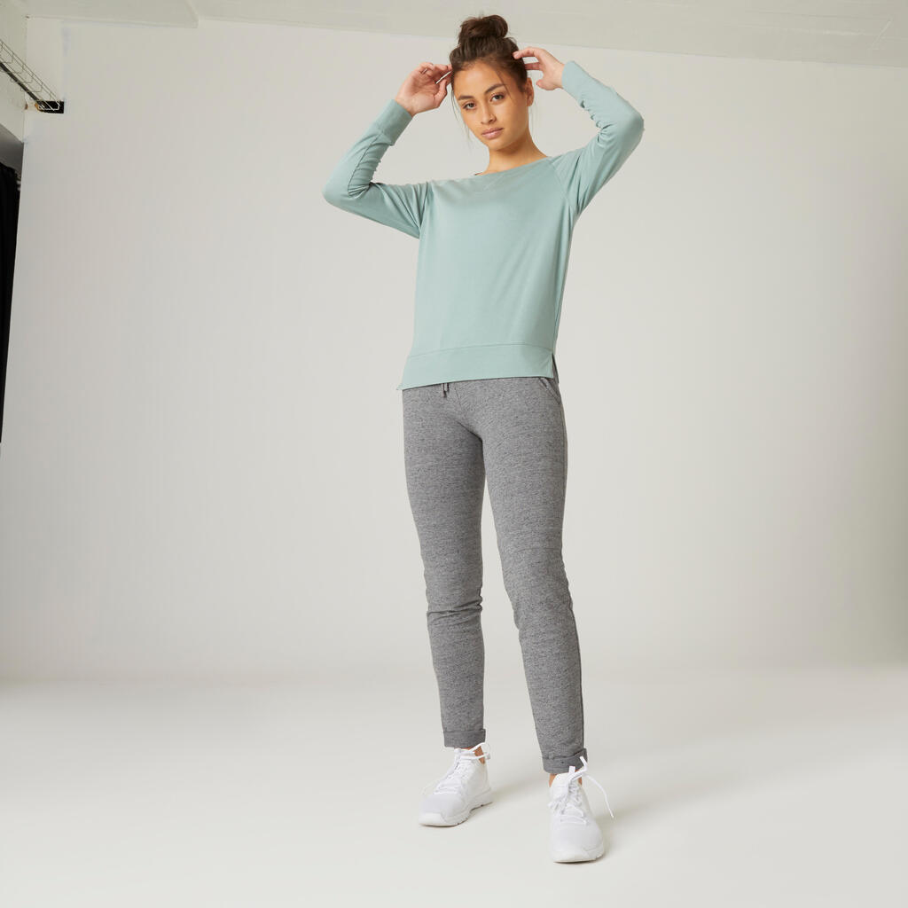 Langarmshirt Fitness Baumwolle dehnbar Damen 