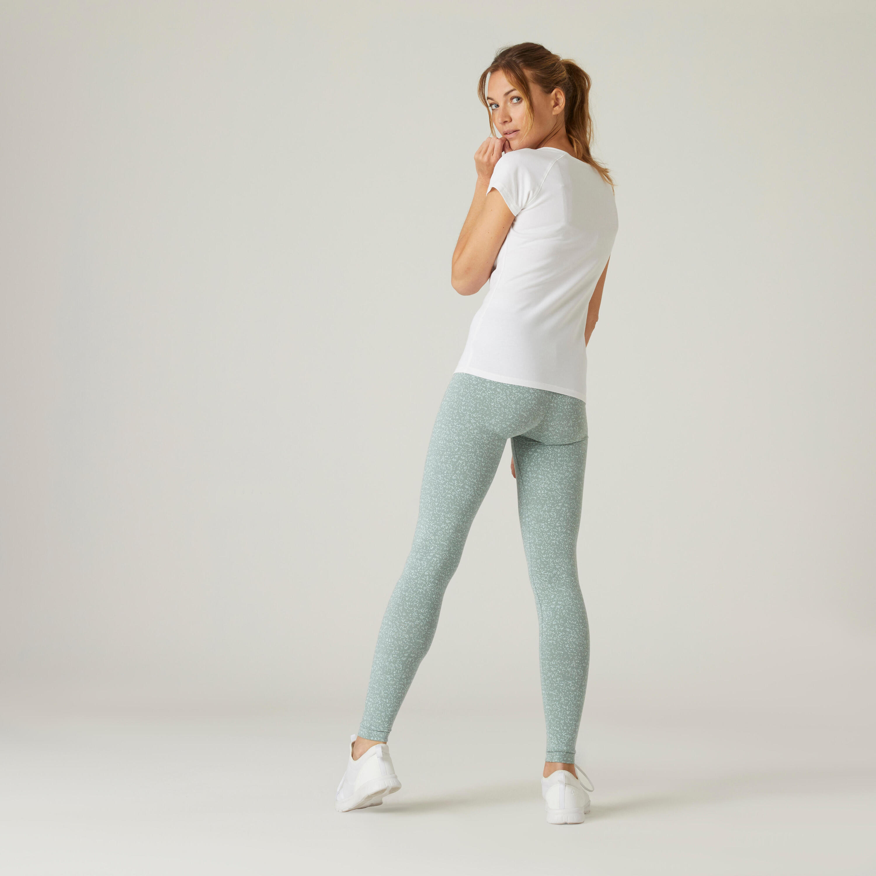 Women's stretchy cotton sports leggings, green print 2/5