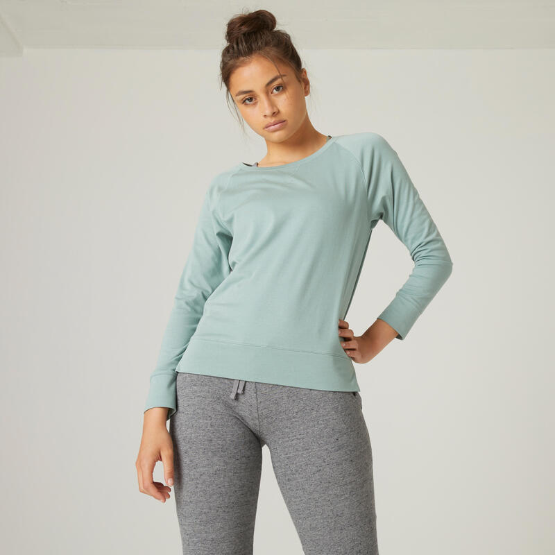 Women's Long-Sleeved Crew Neck Straight Stretchy Cotton Fitness T-shirt - Green