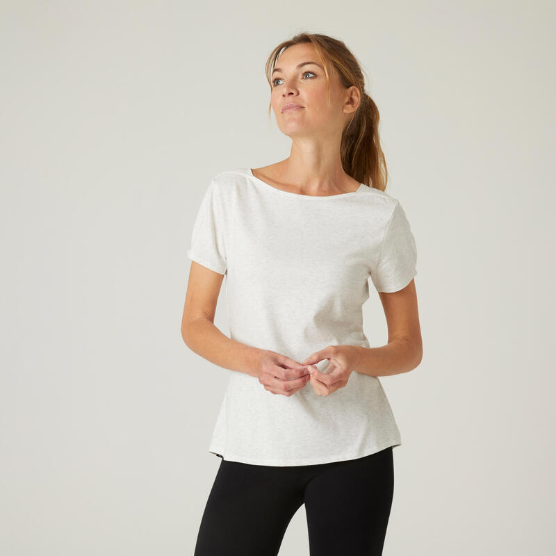 T-shirt fitness manches courtes slim coton extensible col bateau femme blanc