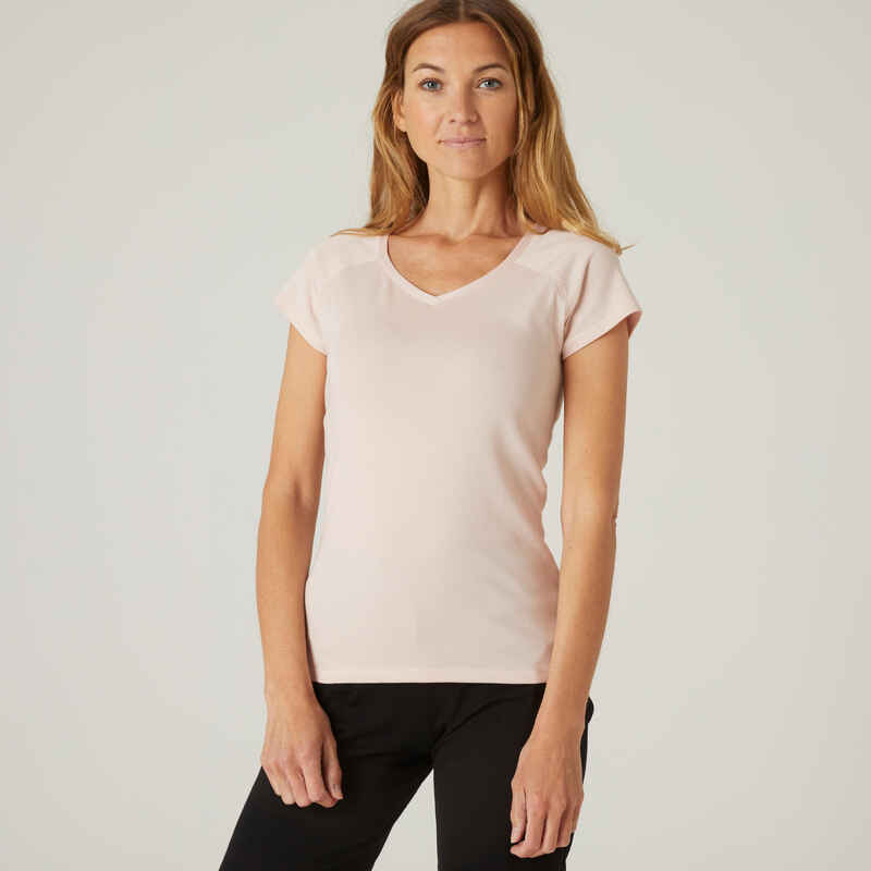 T-Shirt Damen Fitness Slim V-Ausschnitt Baumwolle - rosa