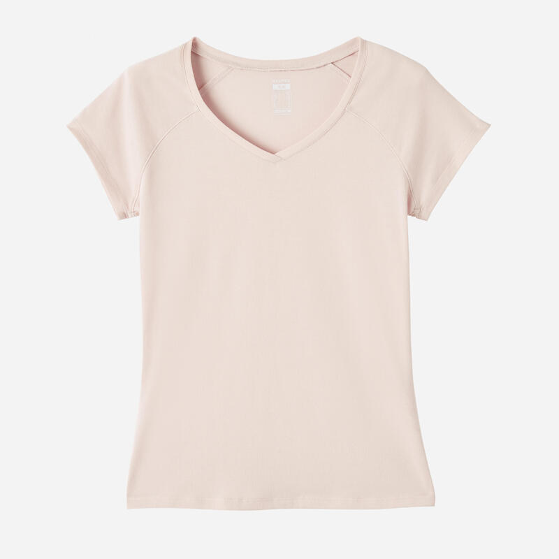 T-shirt donna fitness 500 slim misto cotone rosa chiaro
