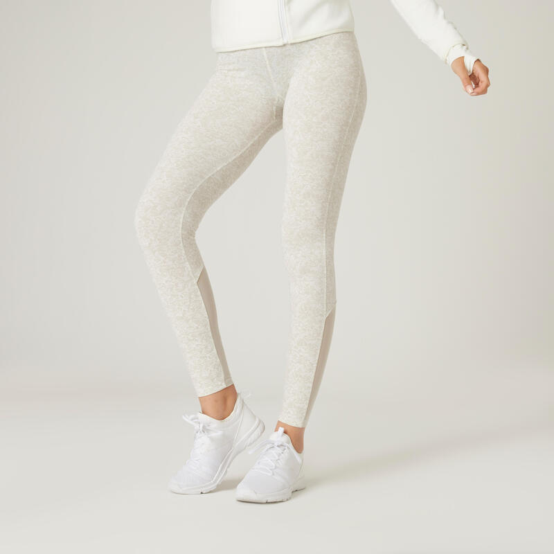 High-Waisted Stretch Cotton Fitness Leggings with Mesh - Beige Print