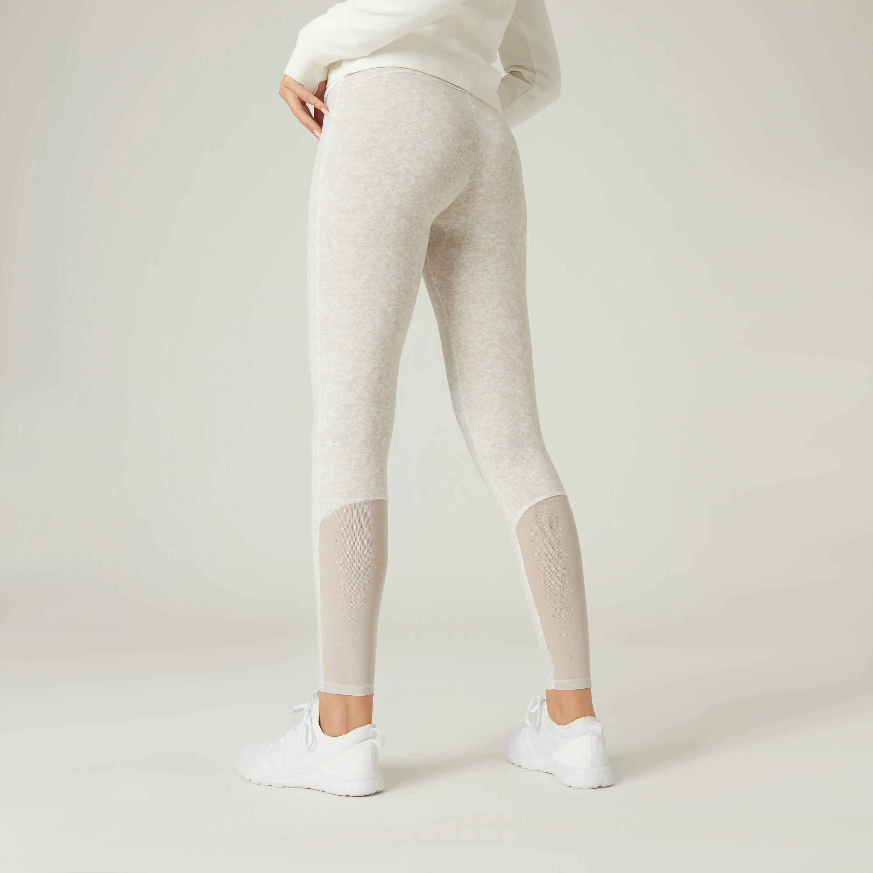 High-Waisted Stretch Cotton Fitness Leggings with Mesh - Beige Print 2/7