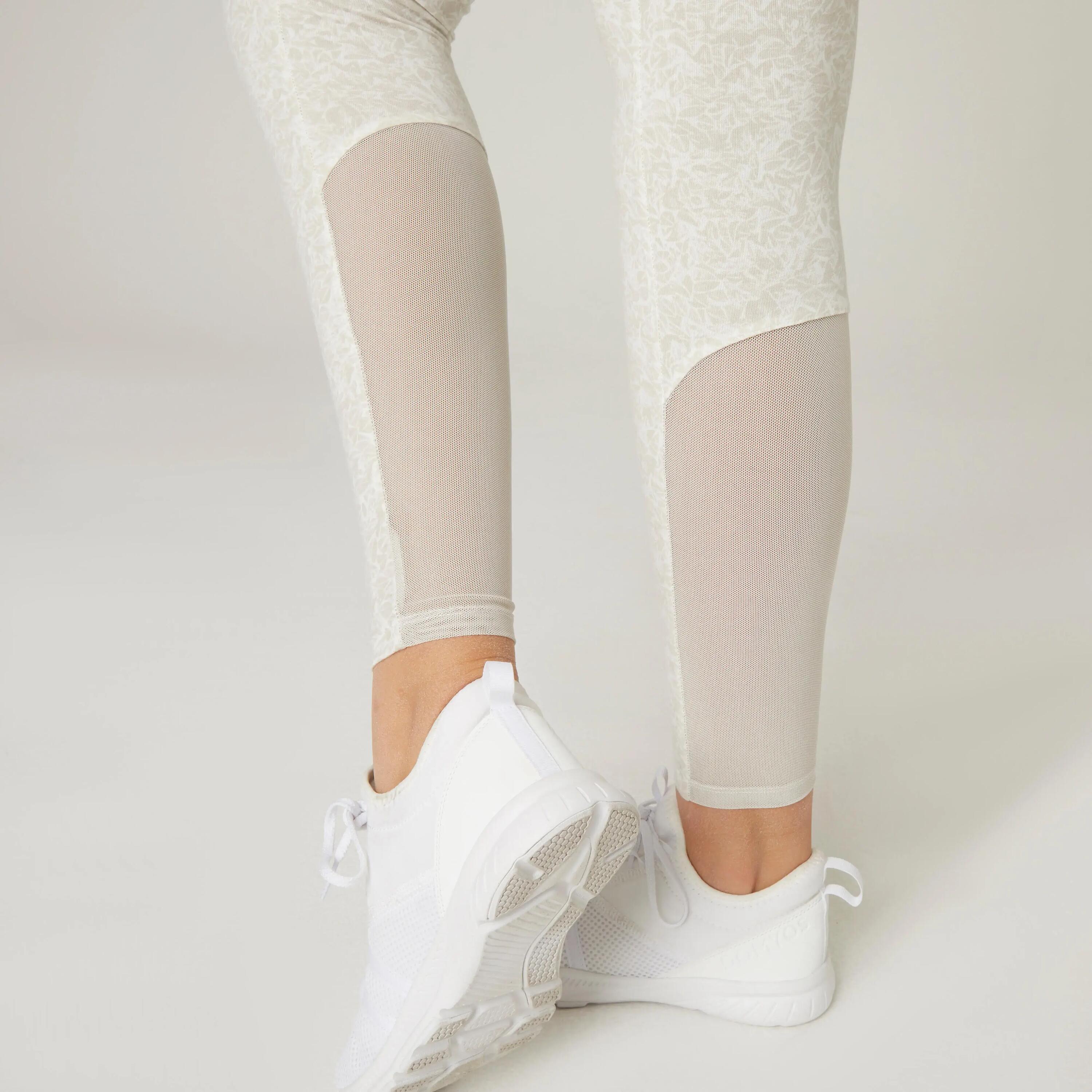 High-Waisted Stretch Cotton Fitness Leggings with Mesh - Beige Print 5/7