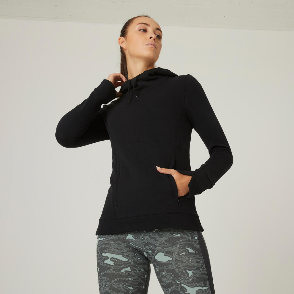 Kapuzenpullover Fitness hoher Kragen Damen schwarz