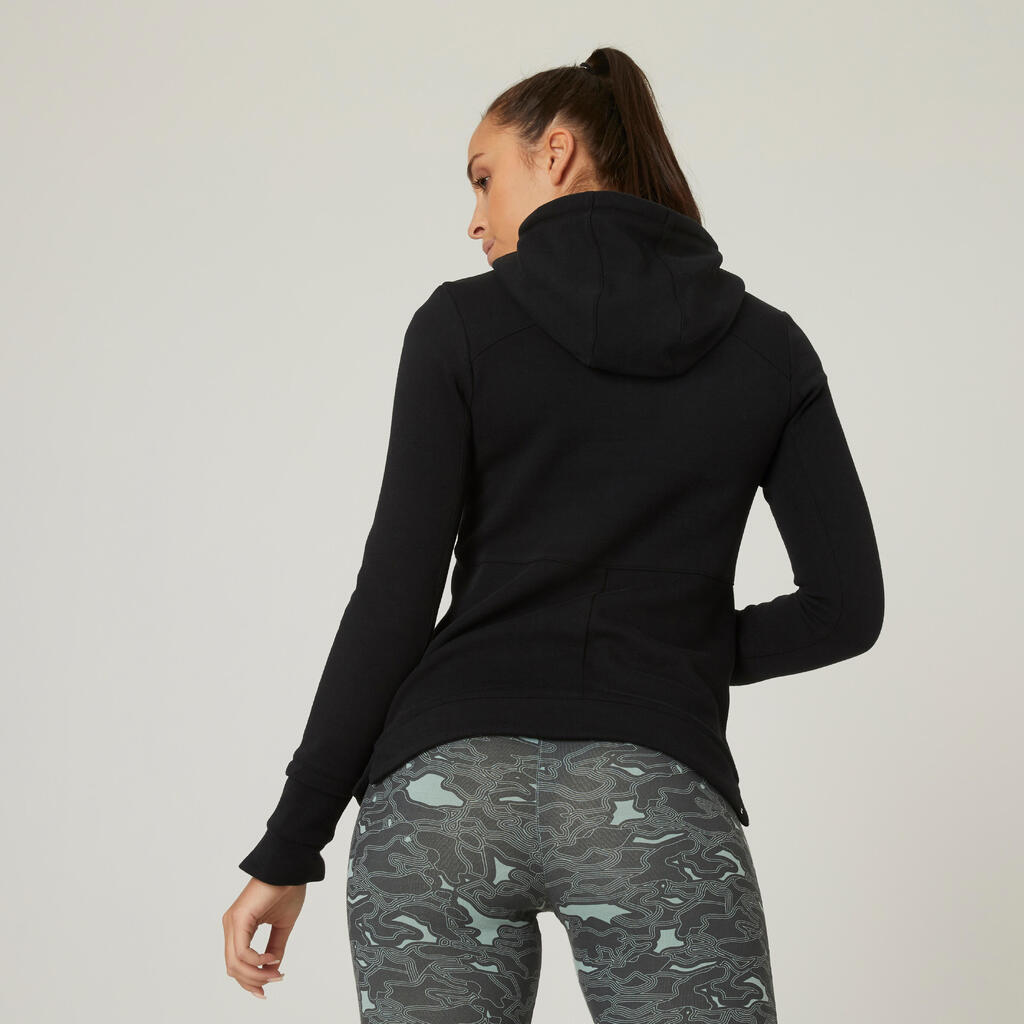 Kapuzenpullover Fitness hoher Kragen Damen schwarz