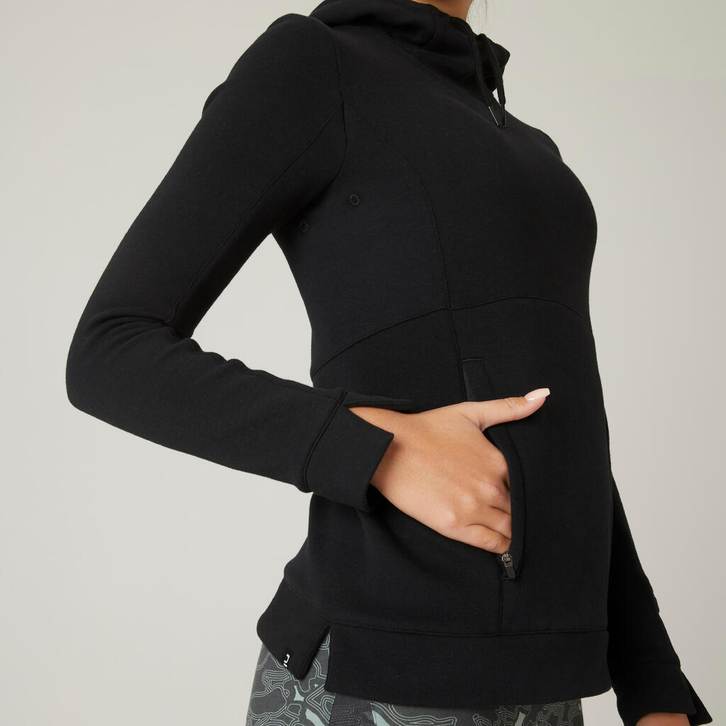 Kapuzenpullover Fitness hoher Kragen Damen schwarz