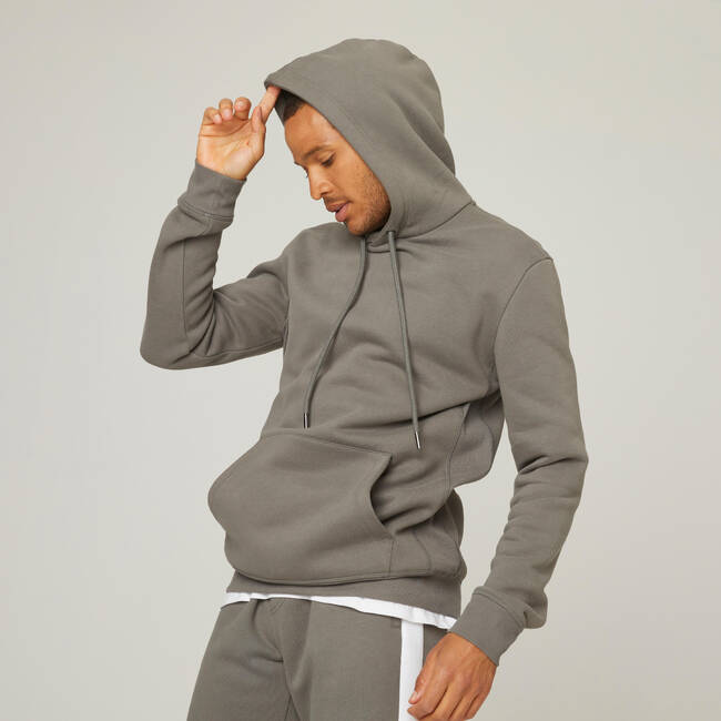 Men's Sweatshirt Hoodie 500 For Gym-Khaki Grey