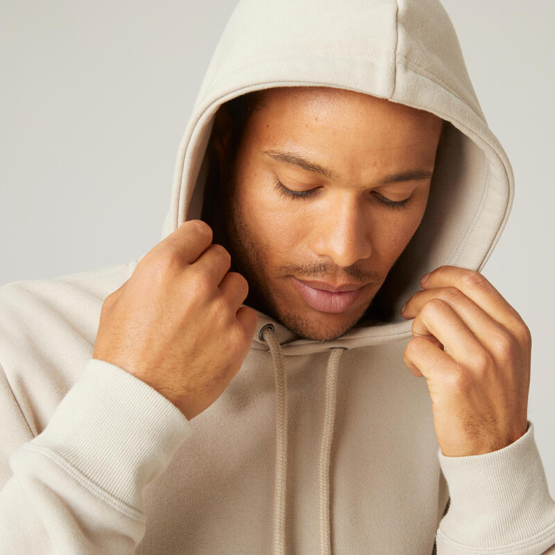 Lange fitness hoodie voor heren 500 Warm vlasbeige