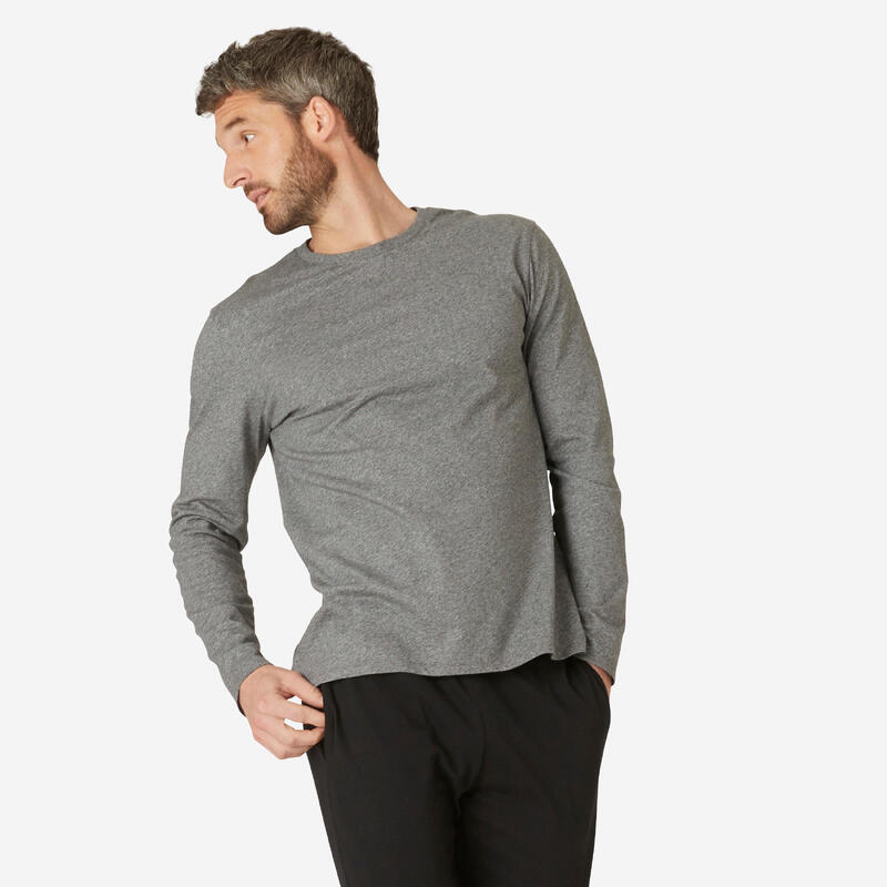 T-shirt fitness manches longues ajusté col rond coton homme - gris