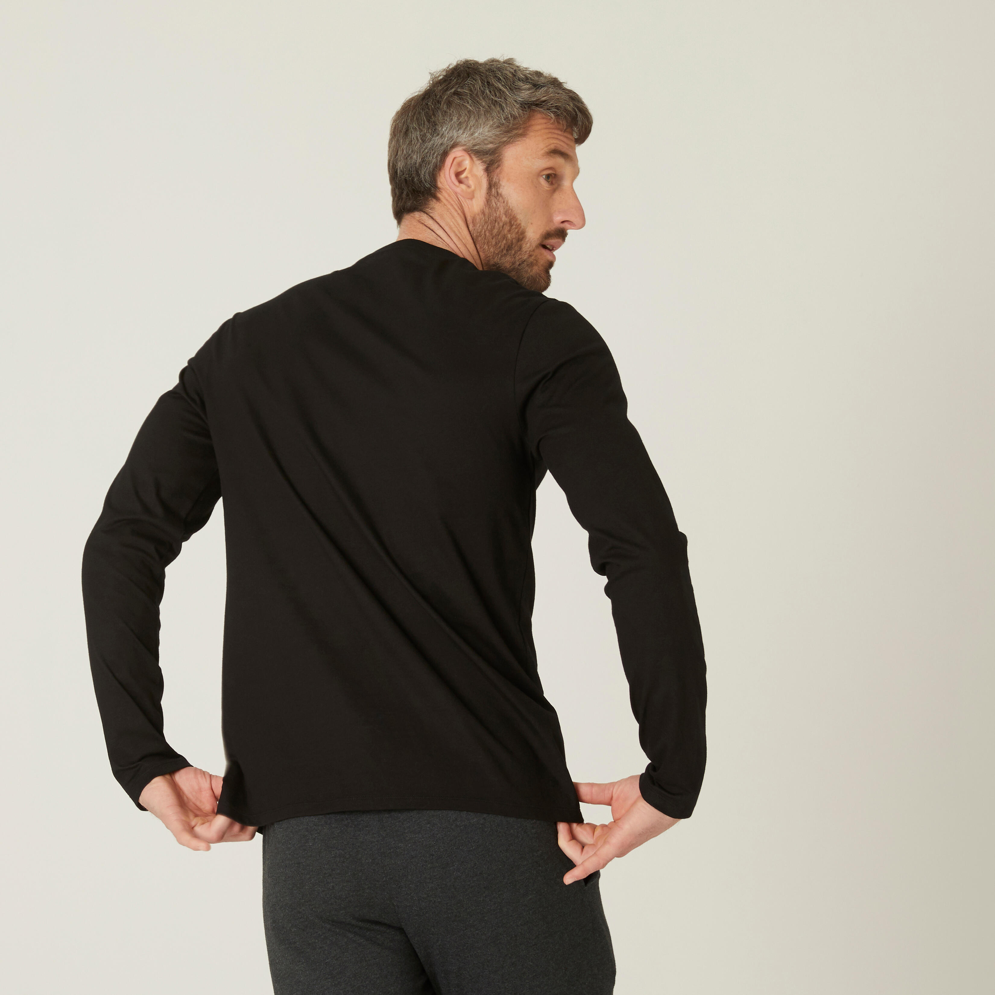 Men's Long Sleeve Cotton T-Shirt - Casual Crewneck Active Workout Top In Black - View #11
