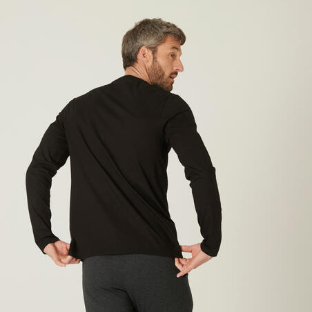 T-shirt fitness manches longues ajusté col rond coton homme - noir imprimé