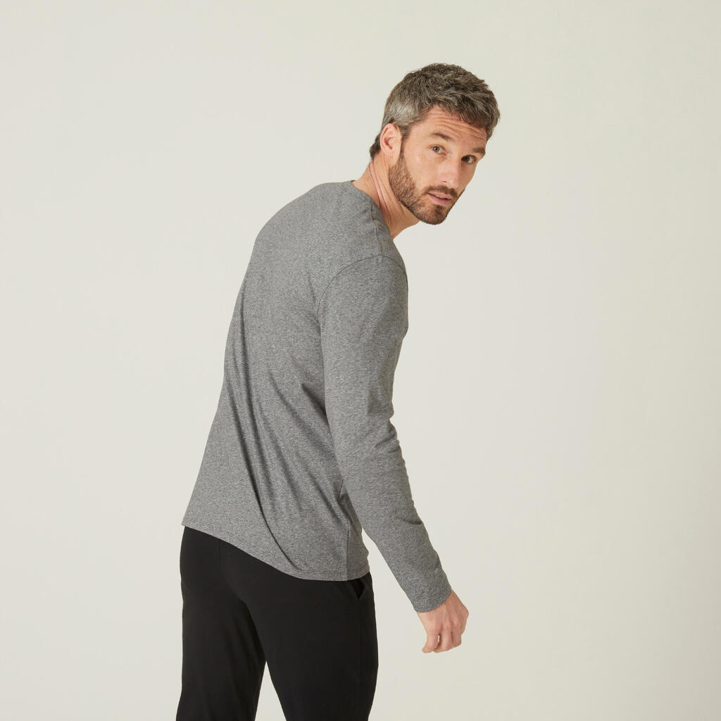 Men's Long-Sleeved Crew Neck Fitted Cotton Fitness T-Shirt - Grey