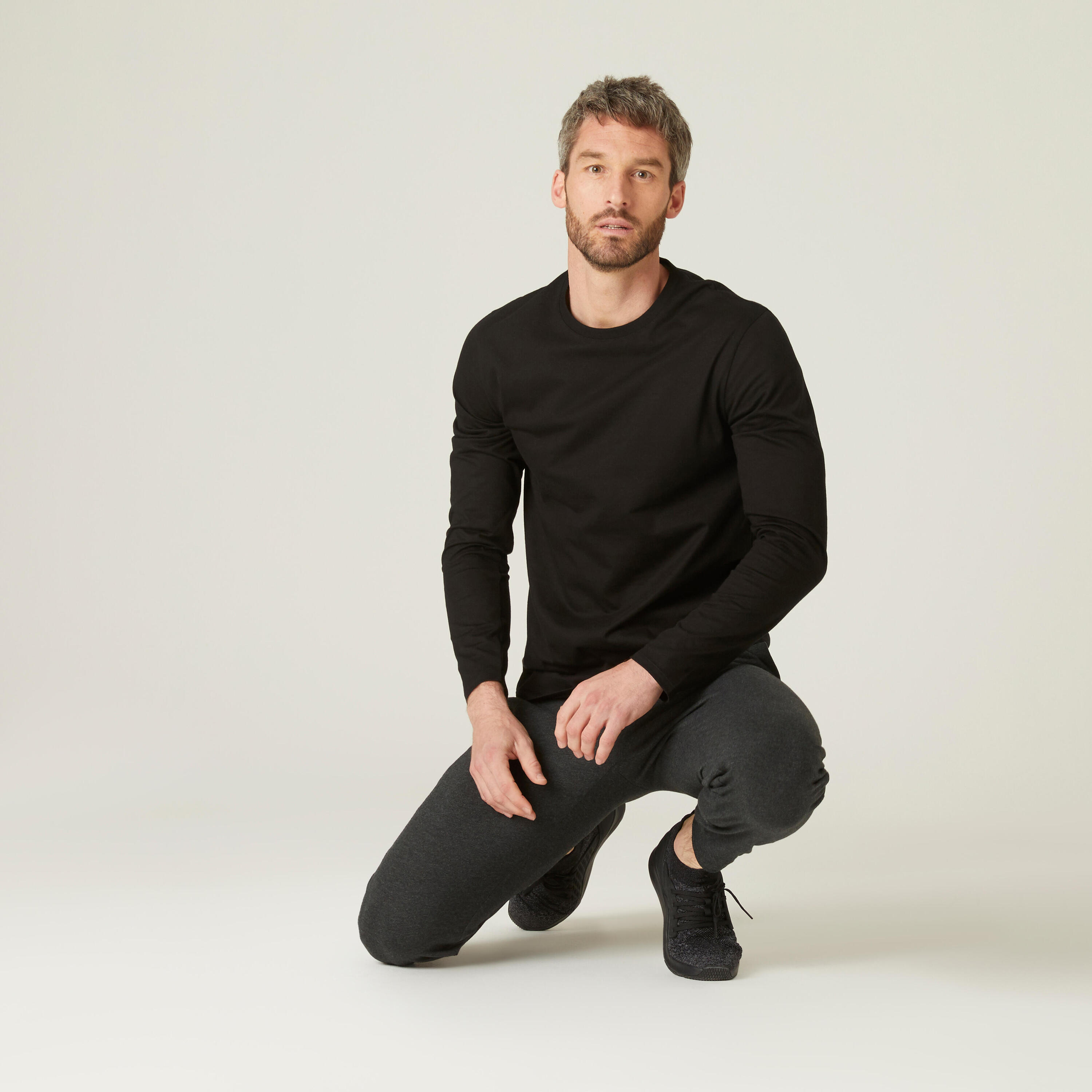 Men's Long-Sleeved Fitness T-Shirt 100 - Black 3/4