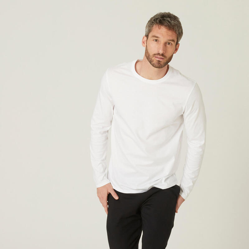 T-shirt fitness manches longues ajusté col rond coton homme - blanc glacier