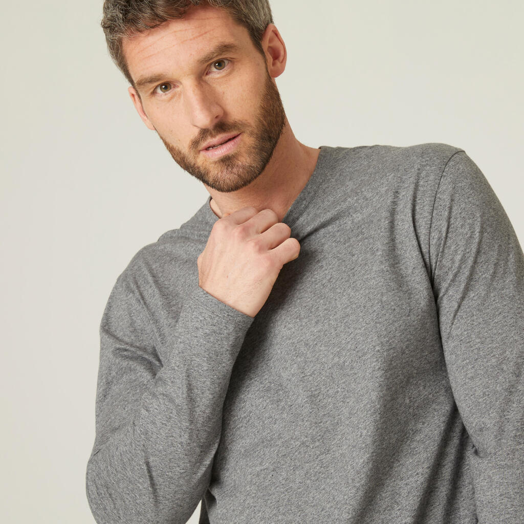 Men's Long-Sleeved Crew Neck Fitted Cotton Fitness T-Shirt - Grey