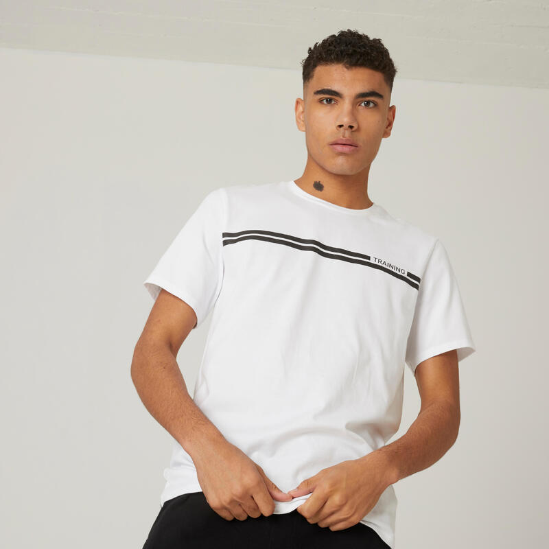 T-shirt uomo fitness 500 regular misto cotone bianca con stampa