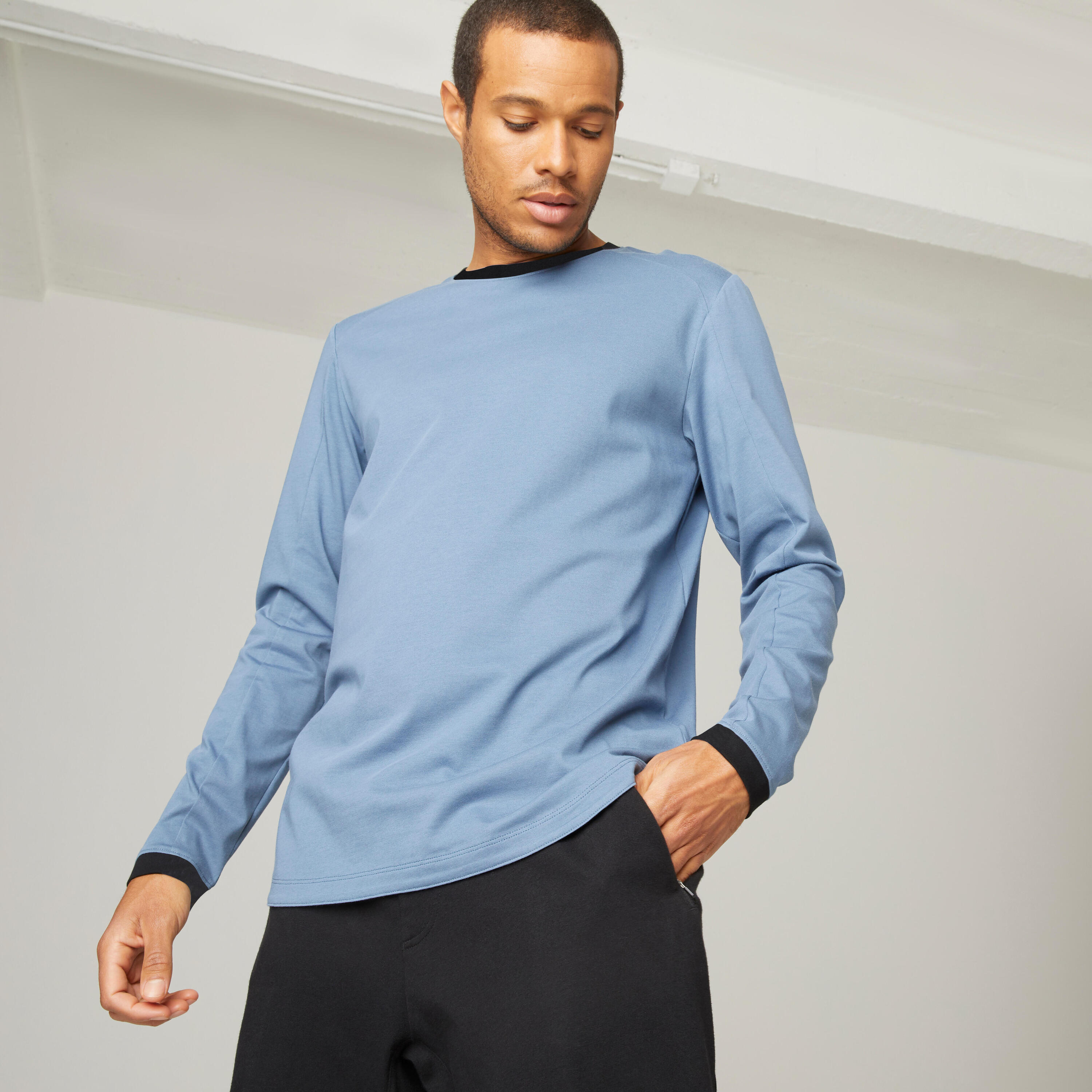 Men's Long-Sleeved Fitted-Cut Crew Neck Cotton Fitness T-Shirt 520 - Storm Blue 4/9