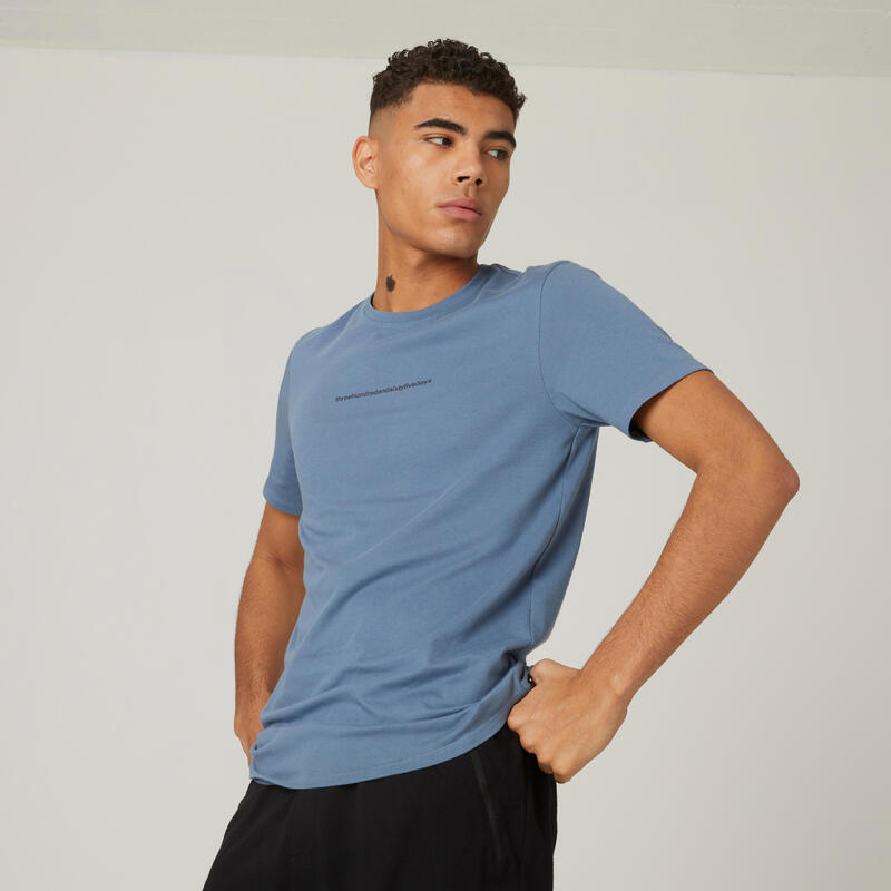 Pánské bavlněné fitness tričko 500 Slim modré