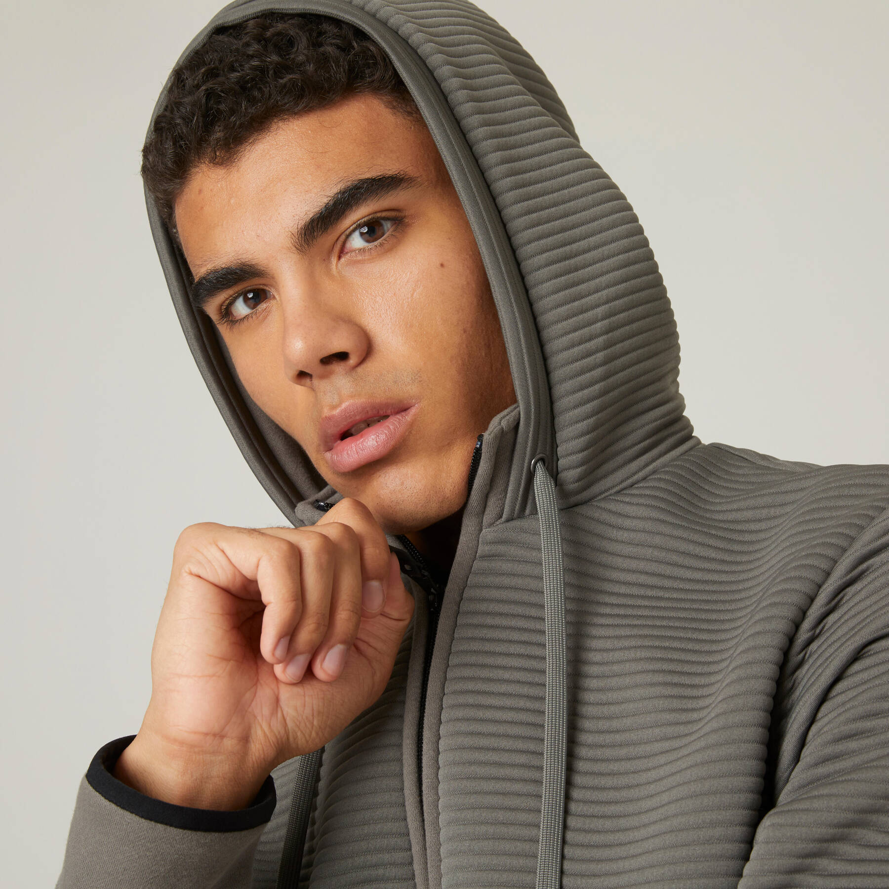 Men Sweatshirt With Hood And Zip Polar Fleece Lined For Gym 560 Khaki Grey