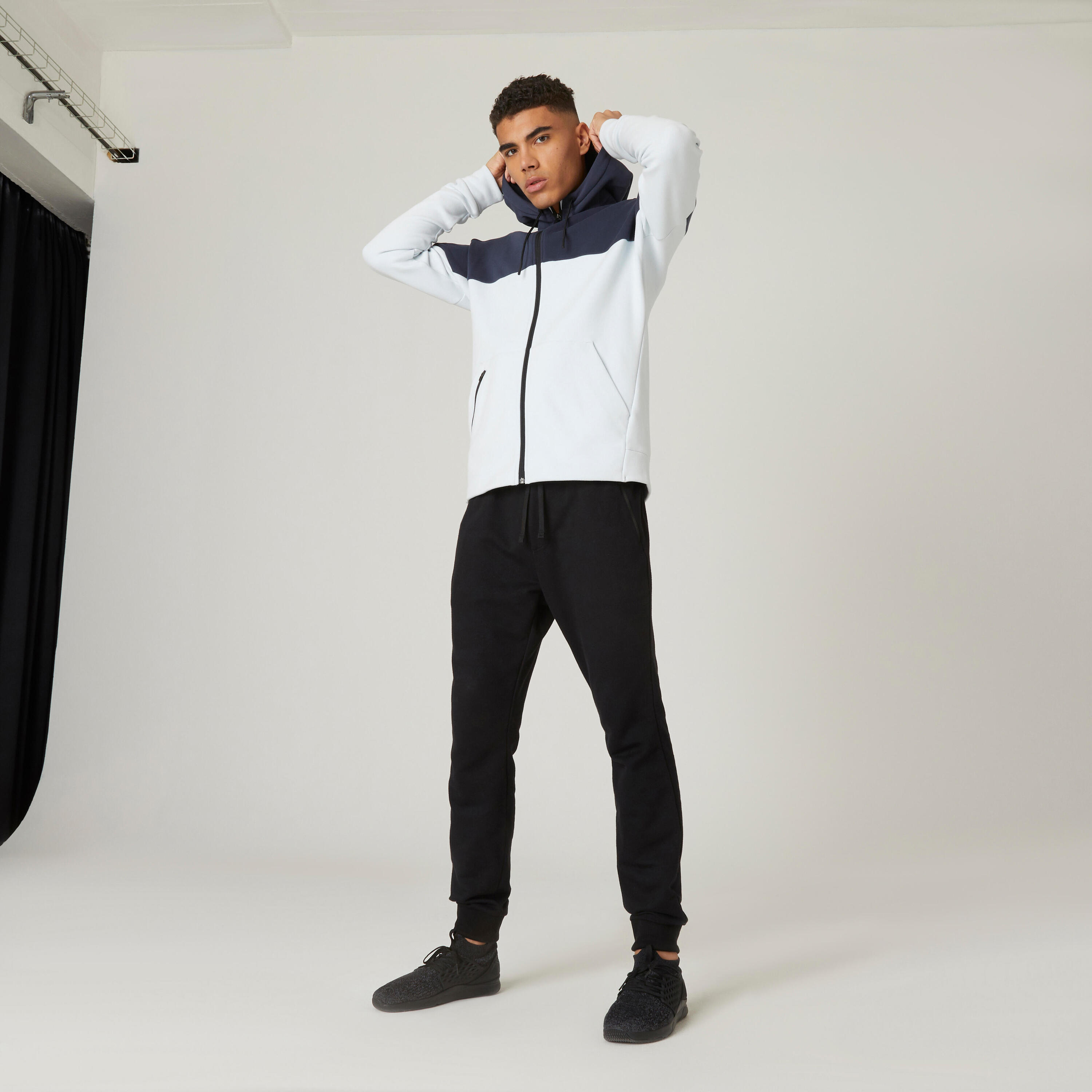 Men's Zip-Up Fitness Hoodie 520 - Mist Grey/Dark Blue 3/9